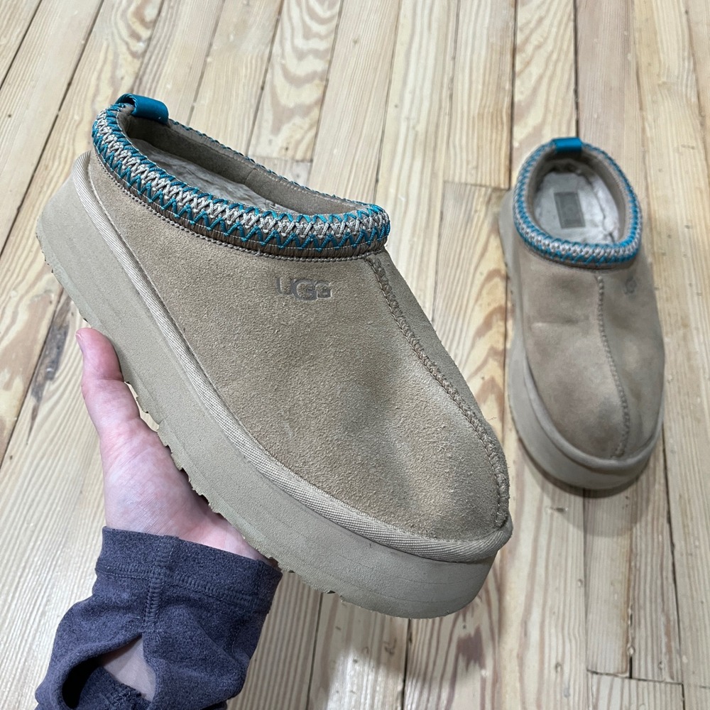 UGG Tazz Platform Mules Womens 9 Driftwood Suede Teal Tasman Braid 1122553